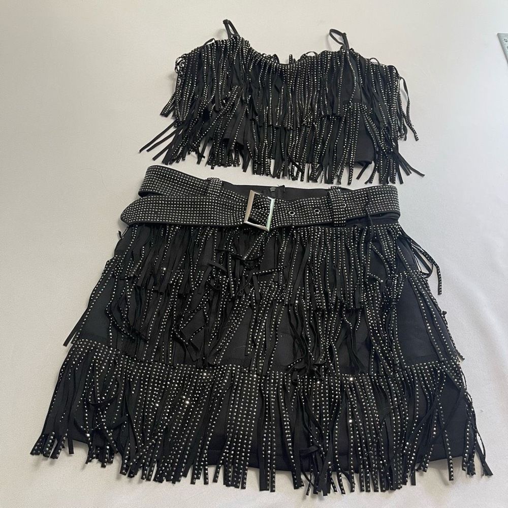 Nylon Apparel Black Sparkle Rhinestone 2 Pc Chacha Skirt Outfit Size Medium